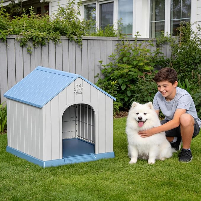 DRATO Indoor & Outdoor Dog Houses, Resin Material Dog House with Waterproof Roof and Raised Floor Design.(Blue)