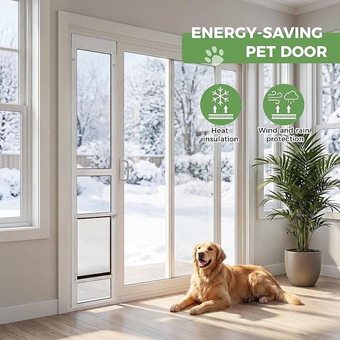 Slevoo Sliding Glass Dog Door, No-Cut Installation, Height Adjustable 79 1/5" to 82", Upgraded Silicone Flap, Weatherproof & Secure Pet Door for Medium/Large Dogs, White Aluminum Frame (Large)