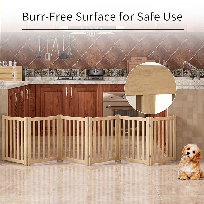 6-Panel Solid Wood Dog Gate - Freestanding Folding Pet Gate for Doorways, Stairs, Indoor, 24" Height, No Installation Needed, Natural Wood