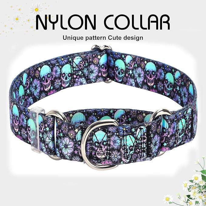 Skull Martingale Dog Collar for Medium Breed Pet Dogs- No-Slip Escape Proof Choke No Pull Cinch Soft Dog Collar for Male and Female Dogs No Buckle -for Training & Walking M