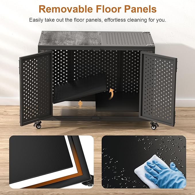 42" Heavy Duty Dog Crate Furniture for Large and Medium Dogs, Enclosed Design with 0.5 inch Holes, Indestructible Metal Kennel for High Anxiety Dogs, Chew Proof Pet House Cage Indoor