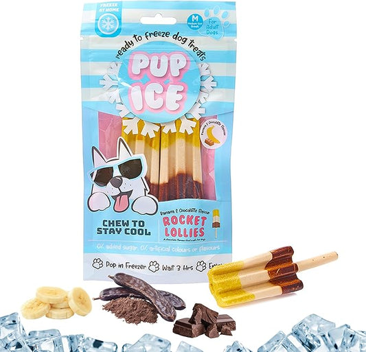 SPOT Pup Ice Dog Treats – Freeze-at-Home Edible Chews for Medium Breed Dogs & Puppies, Banana & Carob Flavor (No Chocolate), 2ct Rocket Lollies with Real Chicken