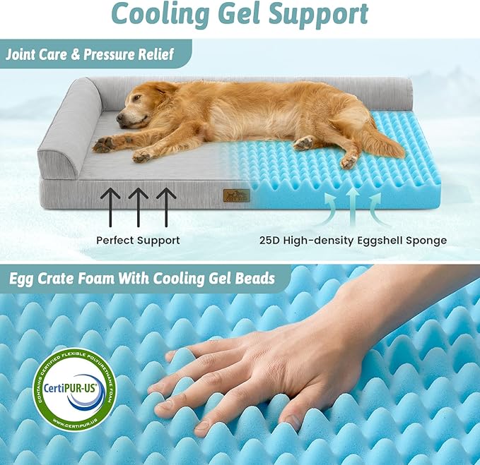 Cooling Dog Bed, Orthopedic Foam Dog Bed with Sides, Removable Cover & Waterproof Lining and Nonskid Bottom, Comfortable Pet Beds for Dogs, Grey (48" L x 32" W x 7.5" Th)
