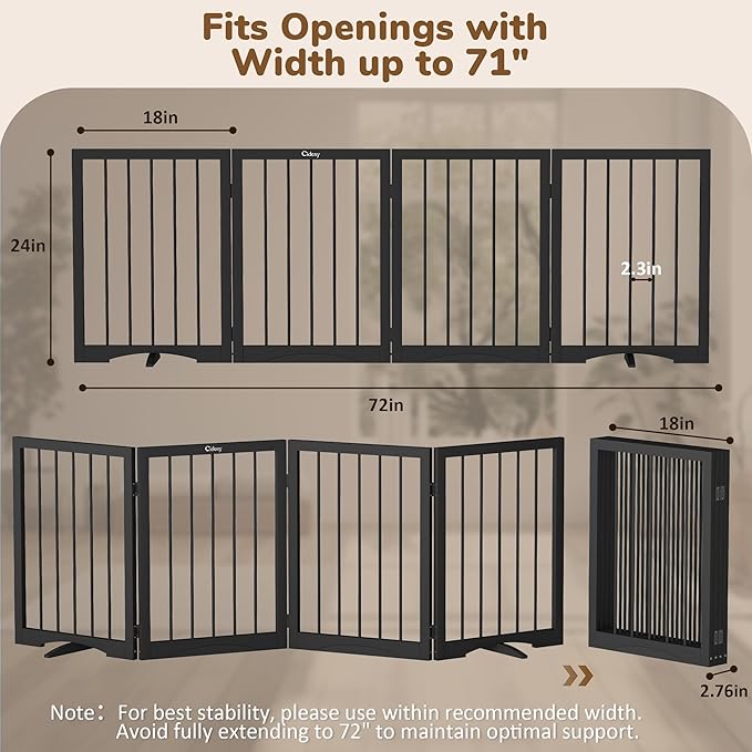 Free Standing Dog Gate Indoor, Foldable Dog Gate for Doorways Stairs Hallways,4-Panel Freestanding Pet Gate with Support Feet for Stability, Folding Puppy Gate Easy to Move, Doggy Gate 72"x24"