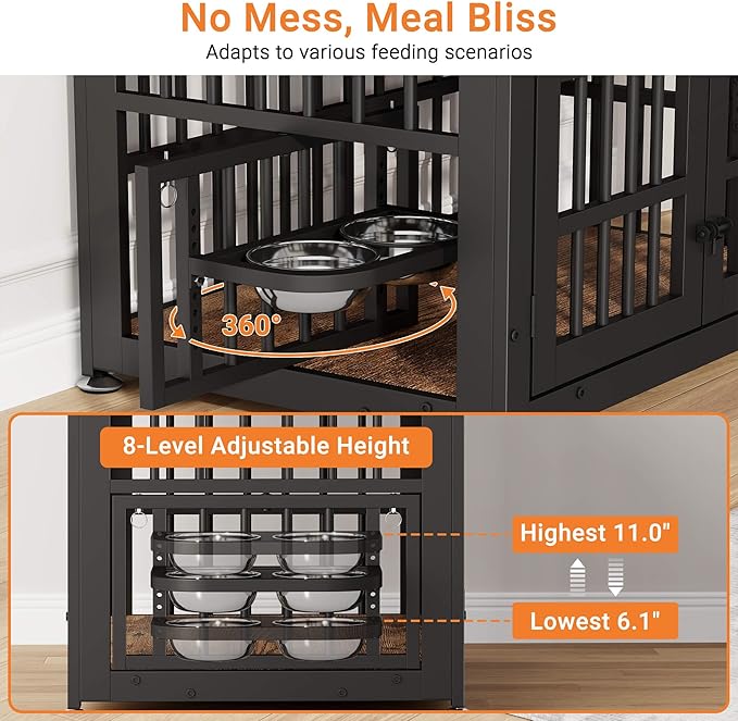 Dog Crate Furniture with Name Tag, Dog Kennel Indoor with 360° Rotating Feeder and Adjustable Heights Bowls, Wooden Decorative Pet Cage End Table for Small Dogs, Rustic Brown 31.5" L