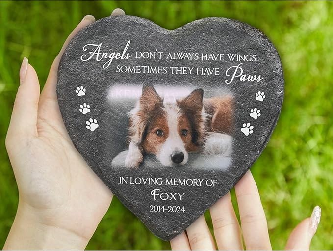 Wrappiness Pet Memorial Stone - Angels Sometimes Have Paws, Personalized Dog Memorial Gifts, Remembrance Condolences Bereavement Gifts for Loss of Pet Custom Photo (Heart 03, Stone)