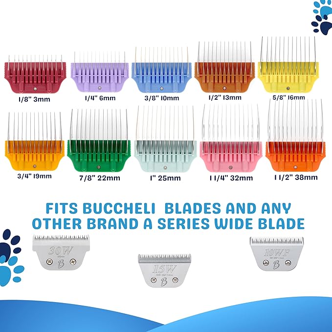 10Pcs Wide Guard Combs Dog Grooming (3mm 6mm 10mm 13mm 16mm 19mm 22mm 25mm 32mm and 38mm) | Wide Clipper Guard Attachment Set Fits for A5 Series Clipper| Wide Clipper Comb Set (WIDE COMB10SET)