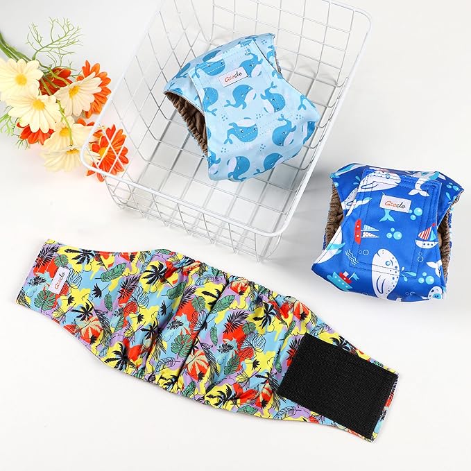 5 Pack Dog Diapers Male Reusable, Premium Belly Bands for Dogs, High Absorbing Male Dog Pee Wraps for Doggie in Incontinence or Excitable Urination Hawaii M