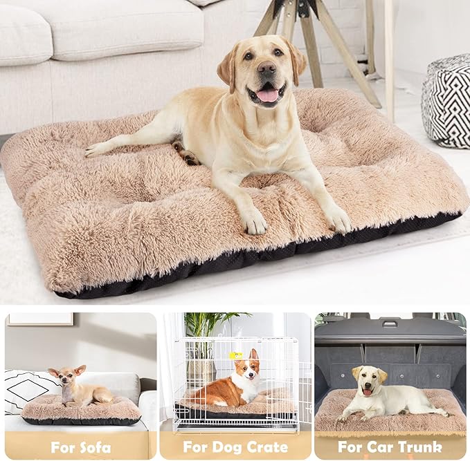JOEJOY Large Dog Bed Crate Pad, Deluxe Plush Washable Dog Beds Fulffy Soft Kennel Pad Anti-Slip Pet Sleeping Mat for Extra Large Medium Small Dogs, 40" x 27", Beige (Pack of 2)
