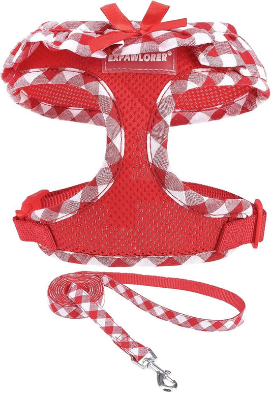 EXPAWLORER Cute Dog Harness and Leash Set - Red Girl Dog Harness Checkered Step-in Design, Easy Adjustable No-Choke Lightweight Breathable Vest for Small Medium Dogs Outdoor Walking, Medium