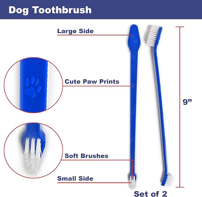 Duke's Pet Products Two-Piece Dog Toothbrush Set: Double Sided Canine Dental Hygiene Brushes with Long 8 1/2" Handles and Super Soft Bristles, Blue