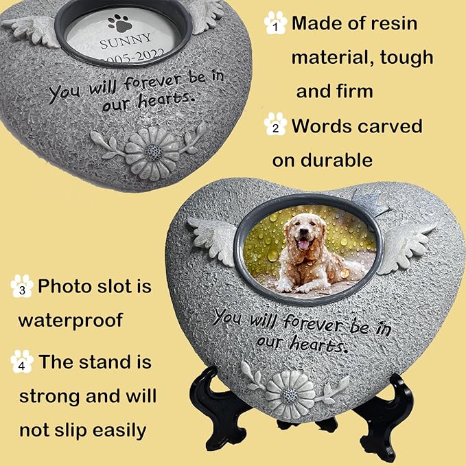 Pet Memorial Stones for Dog or Cats,Loss of Dog Sympathy Gift Indoor Display,Pet Grave Markers Dog Bereavement Gifts Outdoor Tombstone Heart Shaped Carve "You will forever be in our heart"