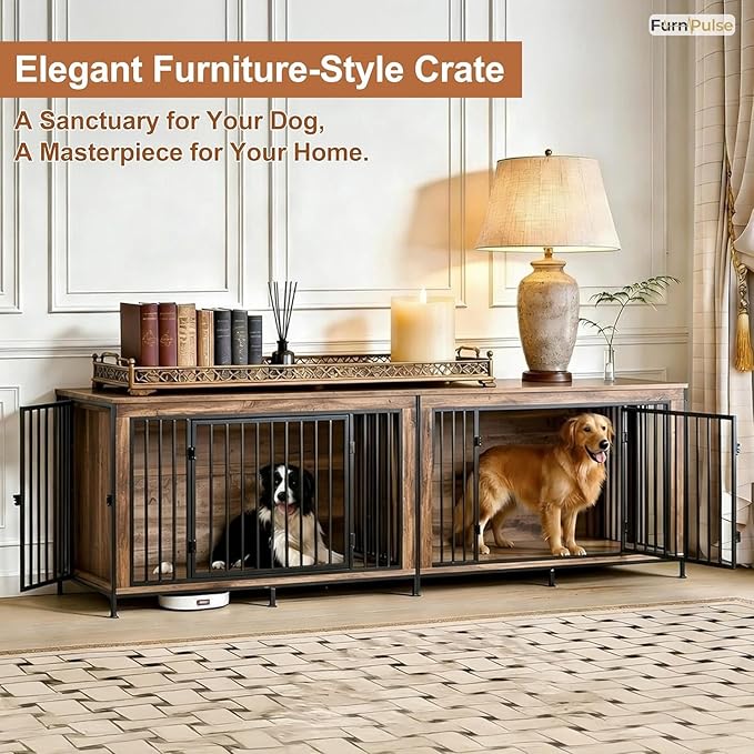 XL Dog Crate Furniture 48'' | Extra Large Heavy Duty Anti-Chew Dog Kennel | Rustic Wooden Entertainment Center & TV Stand with 350LB Top Capacity | Escape Proof Double Door Pet House