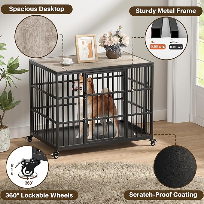 VERIFURTY 36 Inch Heavy Duty Dog Crate Furniture with Self-Locking Latch for Medium and Large Dogs, Escape-Proof Dog Kennel Furniture Indoor, Decorative Pet Cage End Table, Grey