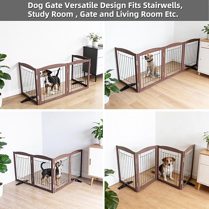 Dog Fence Indoor,Dog Gate Indoor for Doorway pet gate -4-Panel Freestanding, Hallways, House or Stairs -80x32-Inch Retractable Foldable Expandable Wood Pet by SFJC (Brown) ﻿