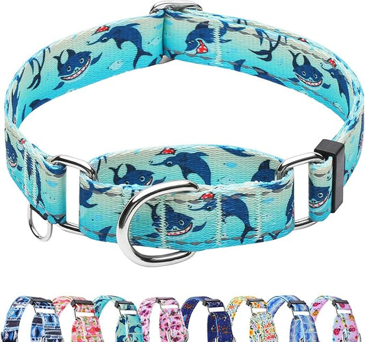 Reflective Martingale Collar for Dogs Nylon Training Collar with No Buckle, No Pull Boy Male Dog Collar for Small Dogs（Green Shark，S）