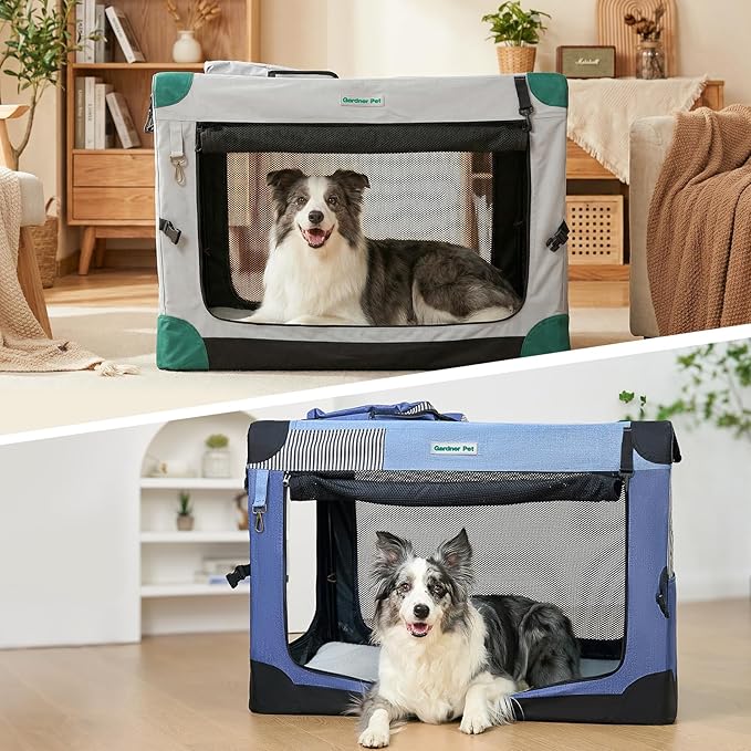 Gardner Pet Soft Collapsible Dog Crate - 26 Inch Portable Travel Dog Crate for Puppy/Small Dogs Indoor & Outdoor, 3-Door Pet Crate with Durable Mesh Windows & Storage Bag, Grey
