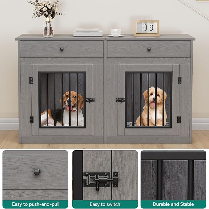 DWVO 60 Inch Double Dog Crate Furniture for 2 Dogs, Heavy Duty Wooden Dog Crate TV Stand with Removable Divider & Storage Drawers, Dogs Kennel Indoor Furniture Double Sliding Barn Door, Grey