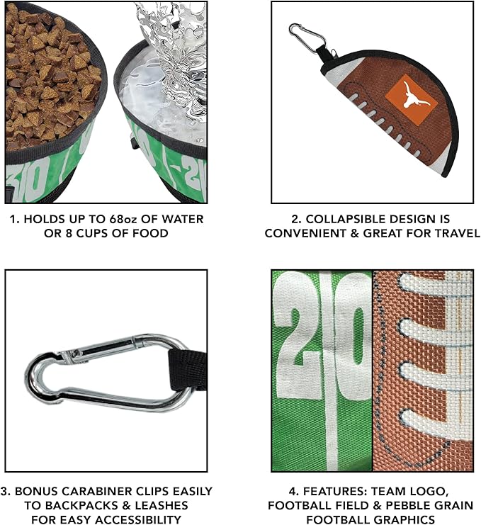 Pets First NCAA Texas Longhorns Collapsible Dog Travel Bowl, Food and Water Bowl for Dogs & Cats. Lightweight Leak-Proof Pet Bowl for Travel with Football Field & Pebble-Grain Design
