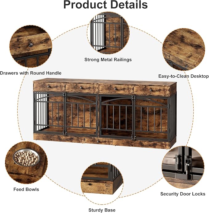 IDEALHOUSE 78.7" Double Dog Crate Furniture with Storage and 4 Doors, Dog Kennel Indoor with Feeding Bowls, Wood Dog Crate TV Stand for Small Medium Dogs, Brown