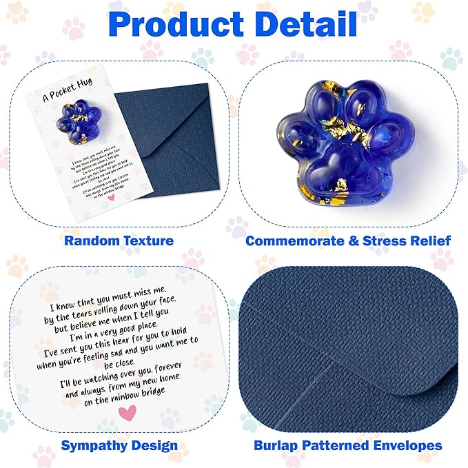 Loss of Pet Sympathy Gift - 3 Pack Glitter Blue Mini Paw Pocket Hug Toy with Memorial Card Envelope Remembrance Bereavement Gift Loss of Dog Cat Sympathy Favor Pet Lovers Stress Relief Toy