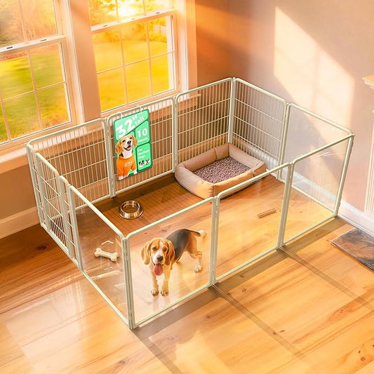 FXW AuraSpace Pro Acrylic & Wire Mesh Indoor Dog Playpen, 32" Height 10 Panels Metal Dog Pen for Small and Medium Dogs, White│Patented