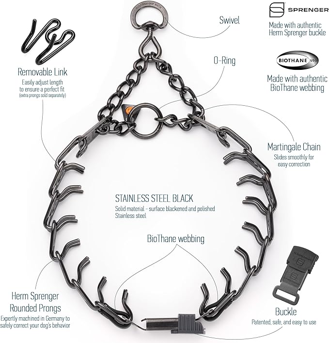 Herm Sprenger Black Stainless Steel Dog Collar with Short Links and Quick Release ClicLock Buckle and Biothane Insert Made in Germany 20in x 3.0mm (Neck Size up to 16-17in) (Black)
