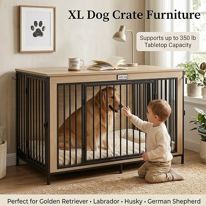 48" XL Dog Crate Furniture for Large Dogs, Farmhouse Light Oak Wood Dog Kennel, Heavy Duty Anti-Chew Steel Frame, Escape Proof Pet Crate, 3 Door Indoor Dog House, TV Stand Entertainment Center 350LB