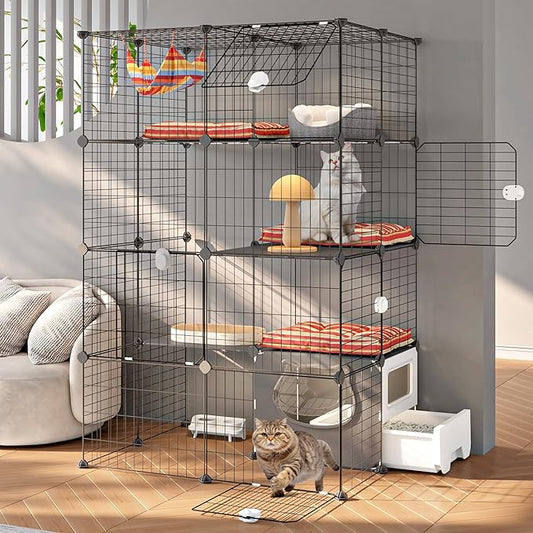 Oneluck Cat Cage with Litter Box, 4-Tier DIY Enclosures Detachable Metal Wire Kennel Catio Indoor Crate Large Exercise Place Ideal for 1-2 Cats