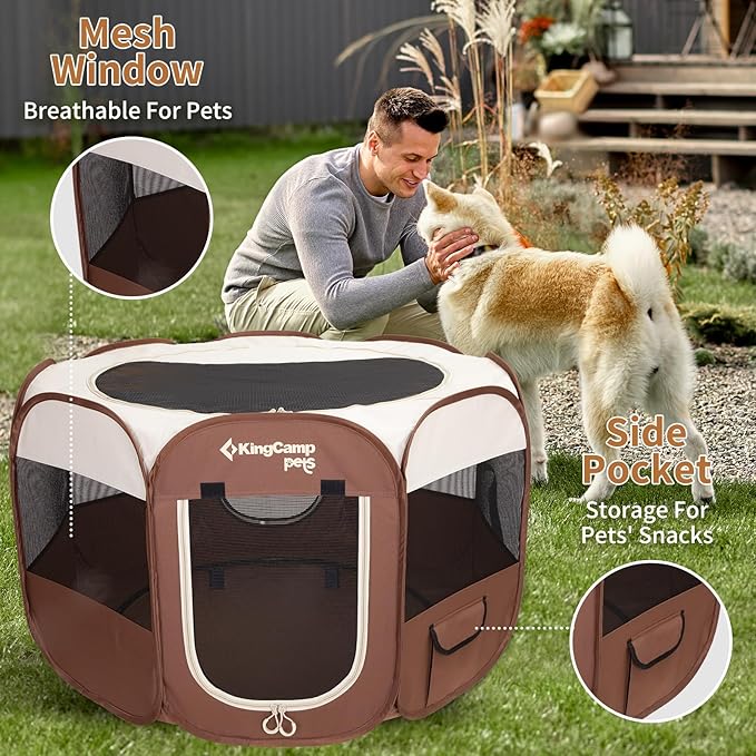 KingCamp Dog Playpen, Portable Foldable Cat Kitten Puppy Tent Crates 29"/36"/50" Pop Up Pet Playpen with Zippered Bottom & Cover for Indoor Outdoor Use (Small, Khaki)