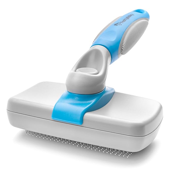 Freshly Bailey Self Cleaning Slicker Brush for Dogs and Cats - Hair Brush for Medium to Long-haired Pets - Effective, Comfortable, and Easy to Clean - White and Blue
