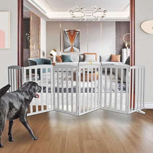 ZJSF Foldable Freestanding Indoor Dog Gate for House Wood Long Pet Gates Dog Fence for Stairs Puppy Gates for Hallways, Puppy Gate,Support Feet Included, Grey, 32 "Height-6 Panels