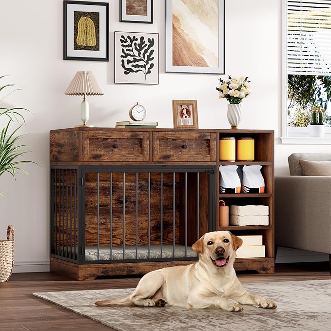 Dog Crate Furniture 47", Large Dog Crate TV Stand with 2 Drawers and 4 Shelves, Wooden Dog Kennel Indoor, Decorative Dog Cage with Storage for Large Dogs, Brown