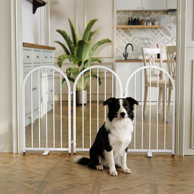 Full Metal Dog Gate for Indoor Outdoor, 32" Tall Free Standing Pet Dog Fence, 54" Wide Arched Pet Gates for Stairs, Hallways, Doorways, Kitchen, Decks, Yards (White, 3 Panels)