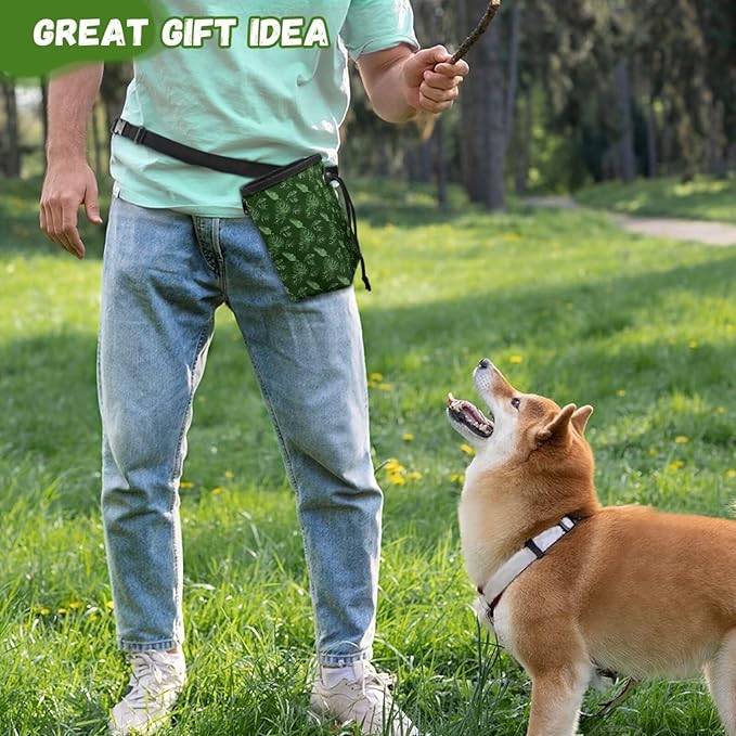 Green Leaves Pet Treat Pouch Multiwear Puppy Training Pouch Treat Pouches for Pet Training, Dog Trainer Essentials Supplies Reward Pouch with Waist Belt Shoulder Strap