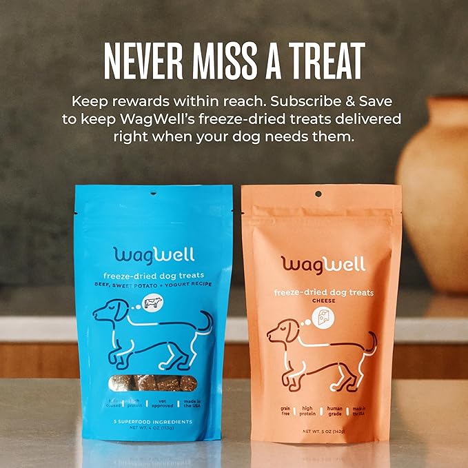 WagWell Freeze Dried Dog Treats, Beef + Yogurt + Sweet Potato Flavor | Training Treats, Food Topper, Healthy Snack for Dogs | Human Grade, Grain Free, High Protein | Made in USA | 4 oz Bag, 1 Pack