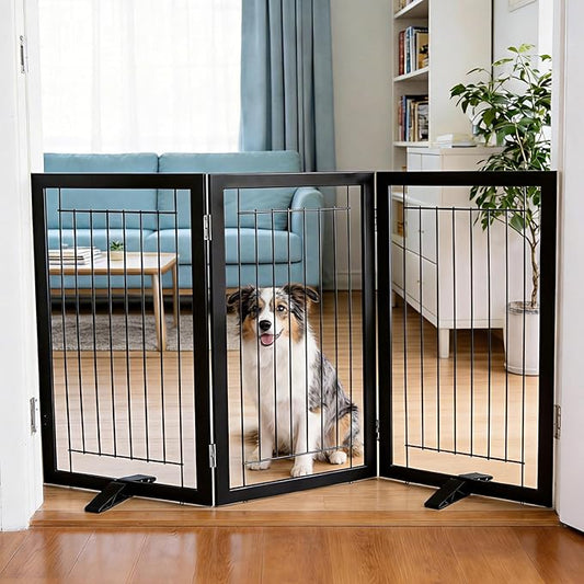 ZJSF Freestanding Dog Gate Indoor, Foldable Dog Fence for Doorways,Hallways or Stairs, Sturdy Wood Extra Wide Pet Gate with Support Feet,Black,32 "Height-3 Panels