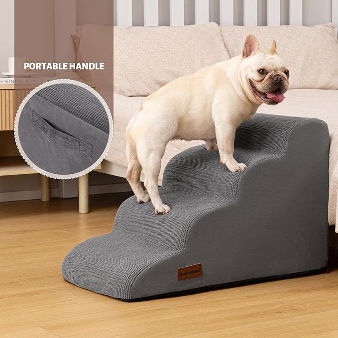 Dog Steps for Bed, 4-Step Dog Stairs Ramp for Small Dogs and Cats, Indoor Non-Slip Pet Stairs Suitable for Older, Short-Legged, and Puppy Dogs to Climb onto High Beds and Couch, 17.4" H,Grey