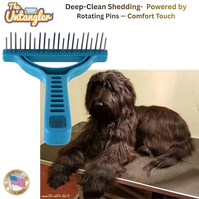 The Untangler Rakes for Grooming and Shedding -silky smooth rotating teeth to easily collect loose hair (Blue, Shedding)