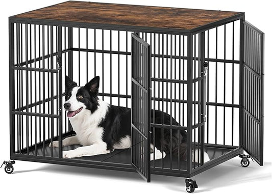 VERIFURTY 42 Inch Heavy Duty Dog Crate Furniture with Self-Locking Latch for Medium and Large Dogs, Escape-Proof Dog Kennel Furniture Indoor, Decorative Pet Cage End Table, Rustic Brown