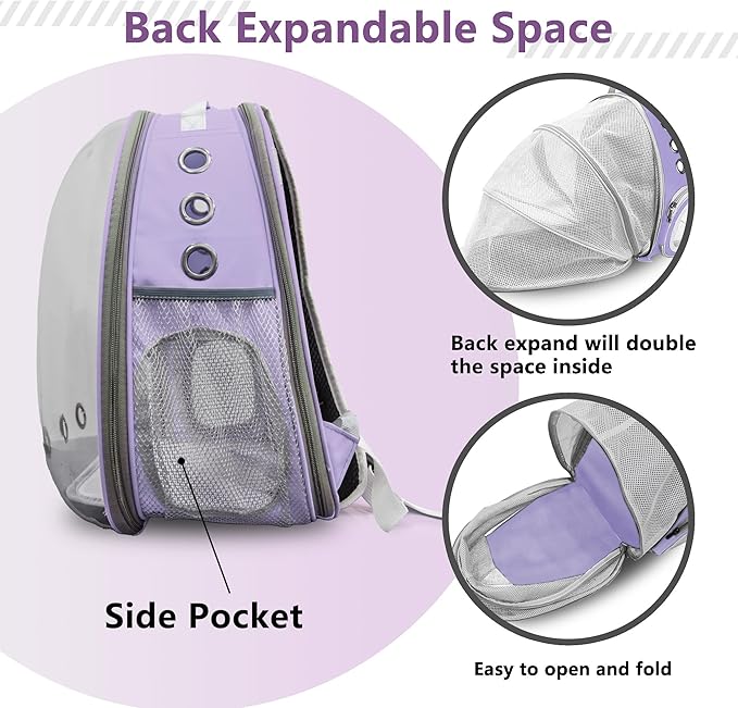 Pet Carrier Backpack Expandable for Cats and Small Dogs, Breathable Anti-Collapse Design, Airline Approved Travel Backpack for Hiking and Outdoor Use (Back Expandable-Purple)