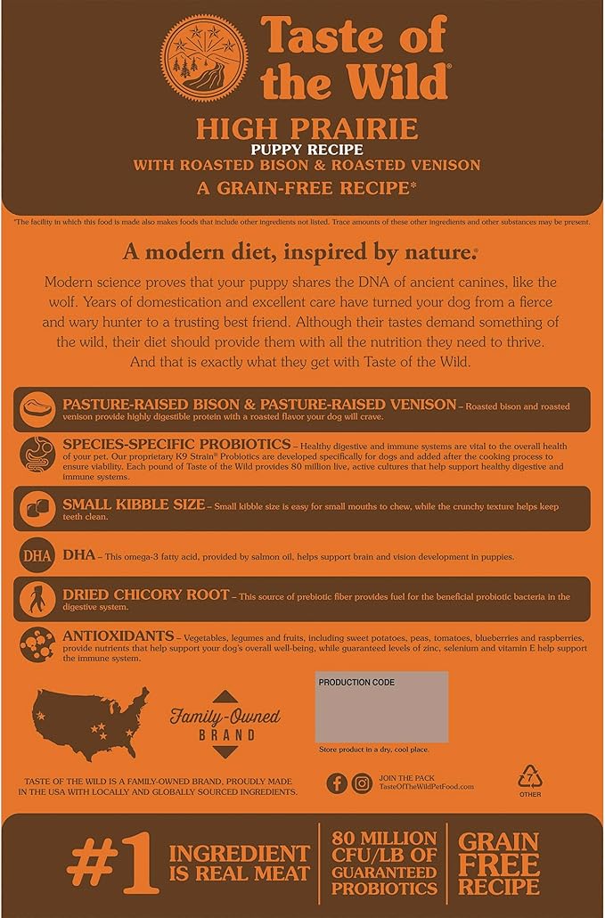 Taste of The Wild High Prairie Canine Grain-Free Recipe with Roasted Bison and Venison Dry Dog Food for Puppies, Made with High Protein from Real Meat and Guaranteed Nutrients and Probiotics 14lb