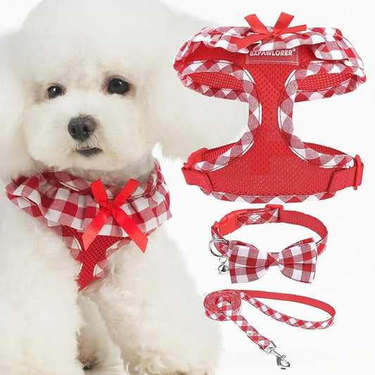 EXPAWLORER Cute Dog Harness Collar Leash Set - Red Girl Dog Harness Checkered Step-in Design, Detachable Bow Pet Collar, Adjustable No-Choke Lightweight Mesh Vest for Cats Puppy Small Dogs, S