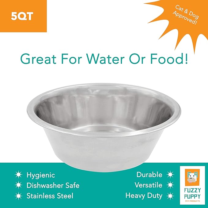 Standard Feeding Bowl for Every Pet Size, Fits into Raised Feeders, Metallic Silver, Stainless Steel, 5 Quart (STFD-5Q)