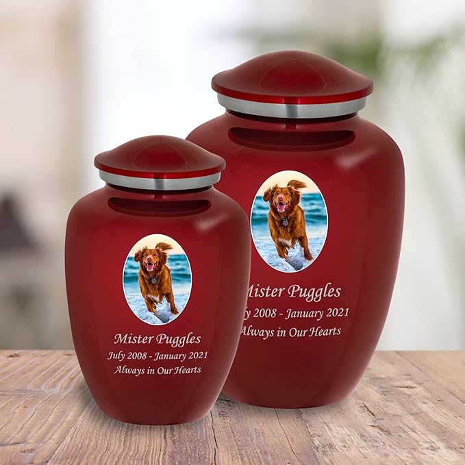 Homage Medium Custom Photo Pet Cremation Urn for Pet Ashes - Vase Style Pet Urn - 80 Cubic Inch Capacity - Personalization Included (Crimson)