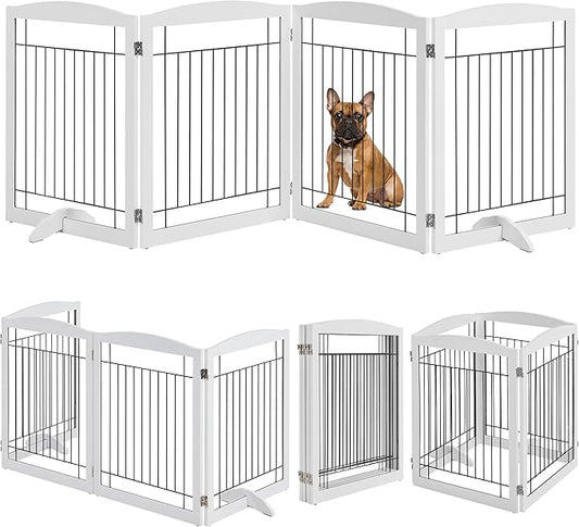 Yaheetech 32-inch Tall Dog Gate Extra Wide Pet Gate for Dogs Indoor Foldable Wire & Wooden Puppy Safety Fence w/2 Support Feet,Freestanding Dog Gate for The House, Doorway, Stairs(White,4 Panels)