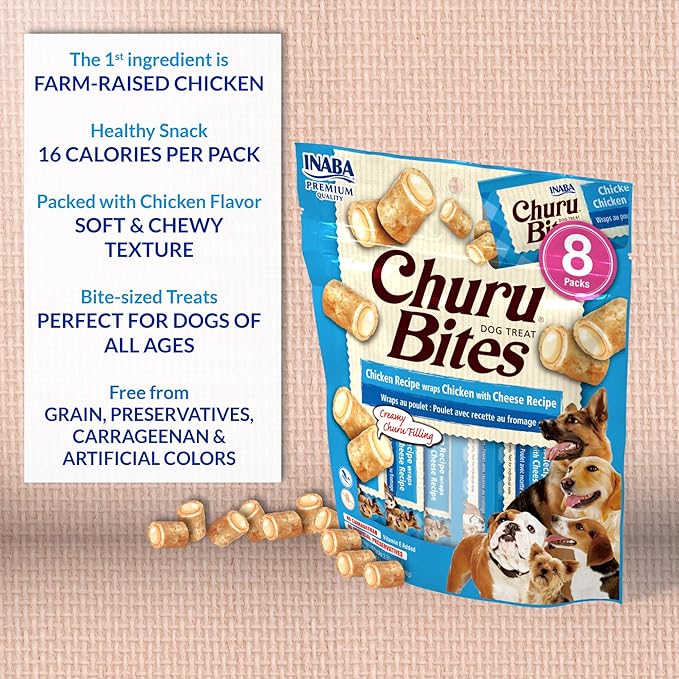INABA Churu Bites for Dogs, Grain-Free, Soft/Chewy Baked Chicken Wrapped Churu Filled Dog Treats, 0.42 Ounces Each Tube | 48 Tubes Total (8 Tubes per Pack), Chicken with Cheese Recipe