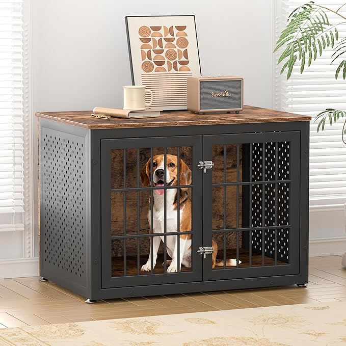 38" Heavy Duty Dog Crate Furniture for Large and Medium Dogs,Wooden Metal Kennel for High Anxiety Dogs, Chew Proof Pet Cage Indoor, Decorative Dog Kennel End Table