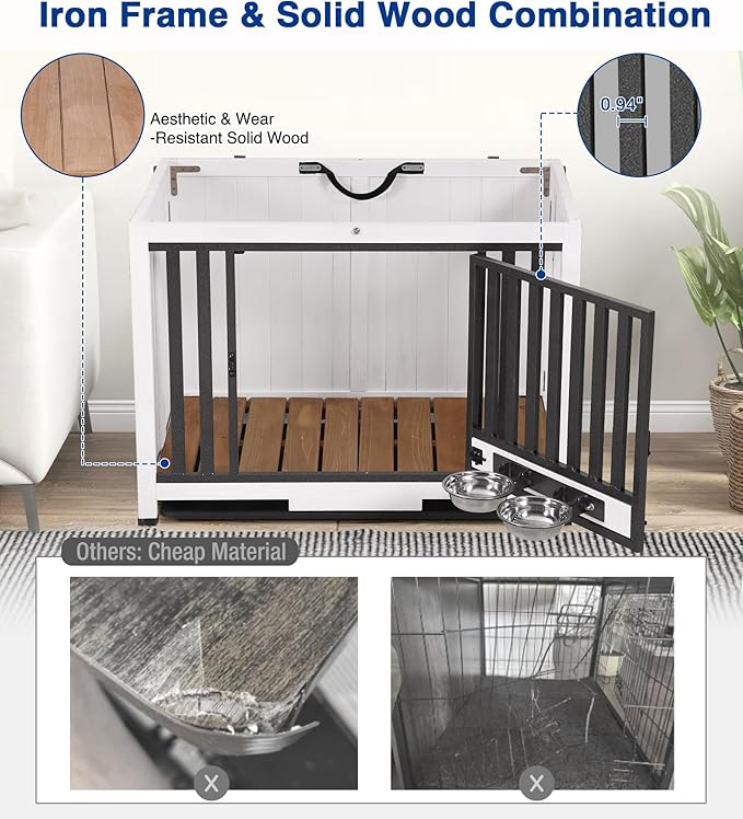 Dog Crate Furniture, Foldable Wooden Dog Kennel Furniture with 360° Rotating Feeding Bowls, Iron Frame Dog Crate with Deepened Sliding Tray, 33" L - White Brown