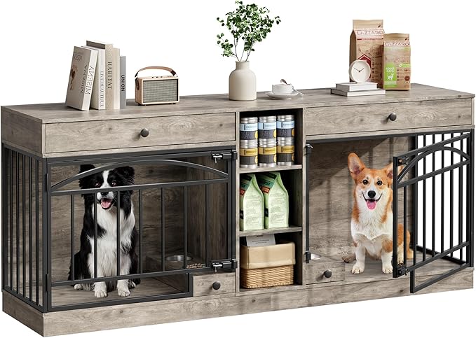 GarveeHome Dog Crate Furniture for 2 Dogs, Dog Kennel Indoor with Storage and Feeding Bowls, Double Dog Crate TV Stand for Small Medium Dogs, Grey